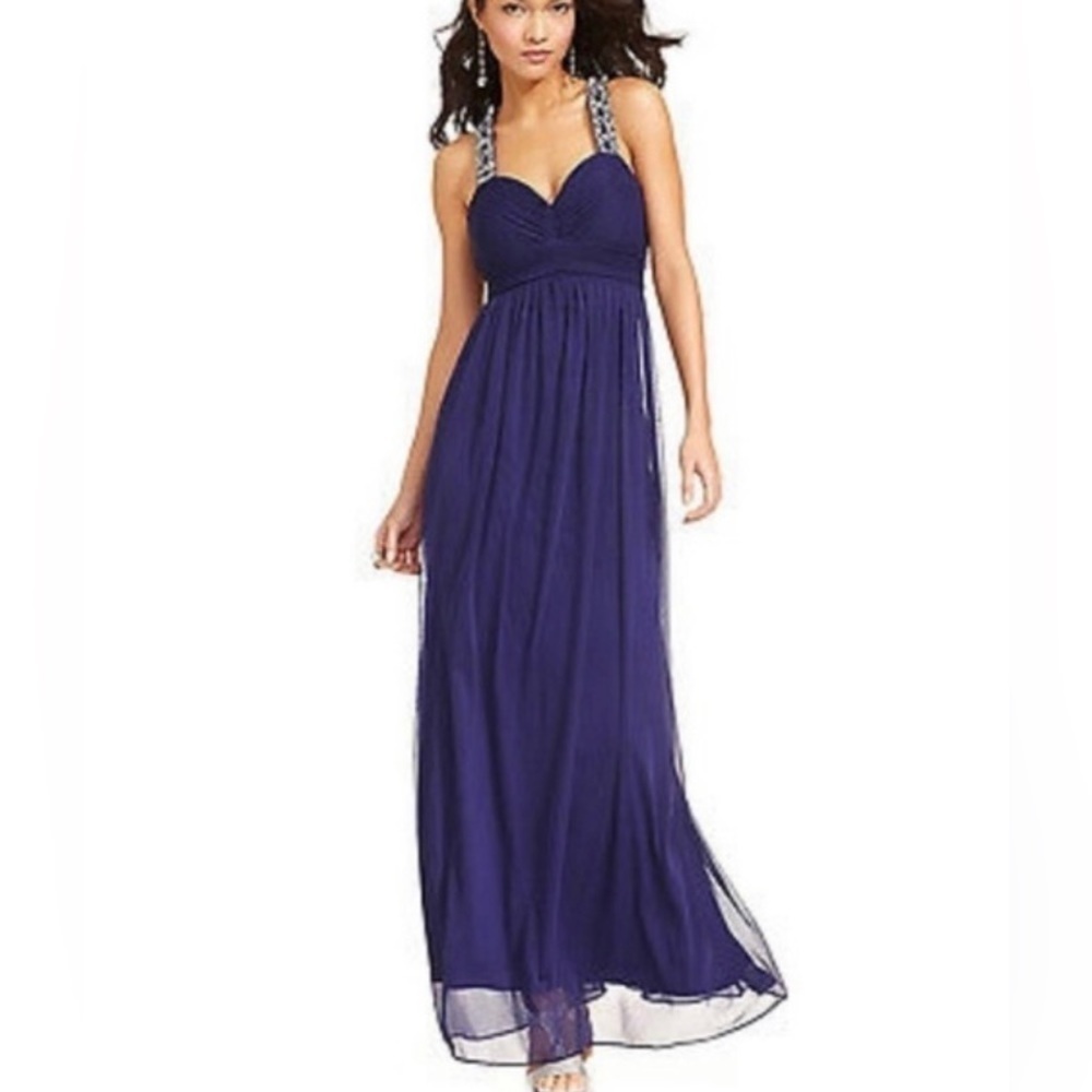 Betsy & Adam Navy Blue Bejeweled Empire Waist Formal Maxi Dress Sz 10